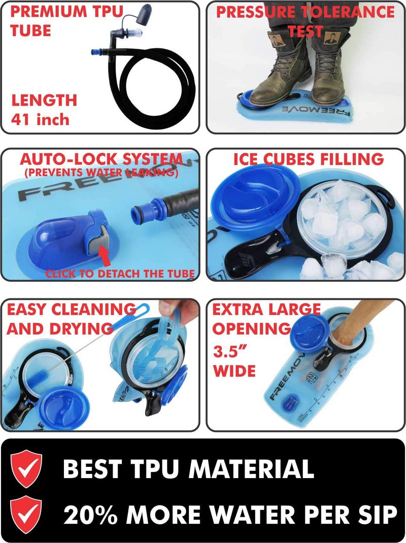 FREEMOVE 2L Hydration Bladder > BPA Free Water Bladder for Hydration Backpack < Leak Proof Water Reservoir  Large Opening  Tasteless TPU Material  Quick Release Insulated Tube  On/Off Valve  Soft Bite with Cap - Image 4